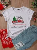 Christmas Print Round Neck Shirt with Short Sleeves