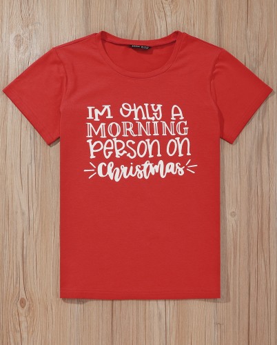 Christmas Print Round Neck Shirt with Short Sleeves