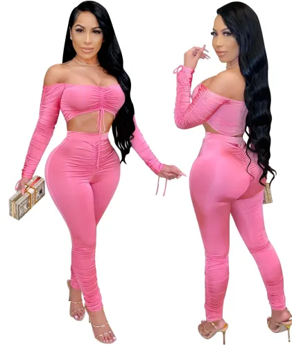 Autumn Party Solid Color Ruched Crop Top and Scrunch Pants Set