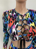 Autumn Party Lace Up Colorful Print Crop Top and Pants Set