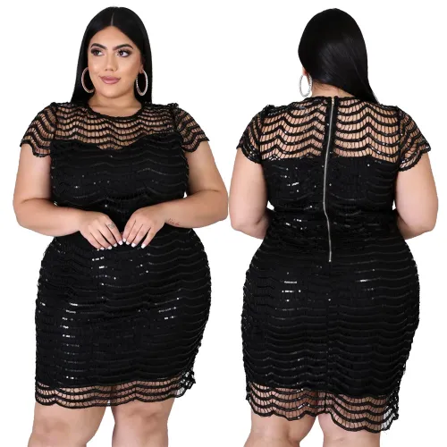 Plus Size Party Short Sleeve Sequins Mini Dress