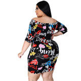 Plus Size Autumn Party Print Off Shoulder Zip Up Mini Dress