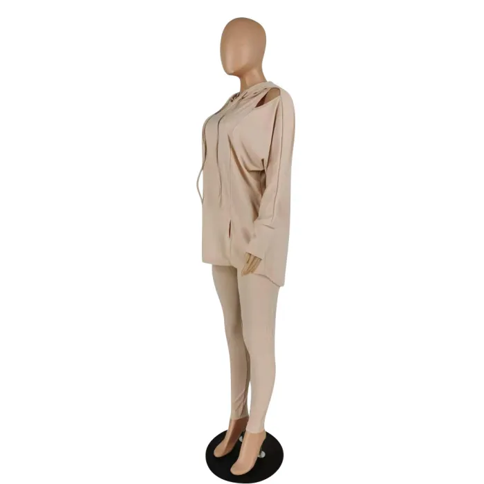 Autumn Solid Plain Cut Out Hoody Shirt and Pants Set