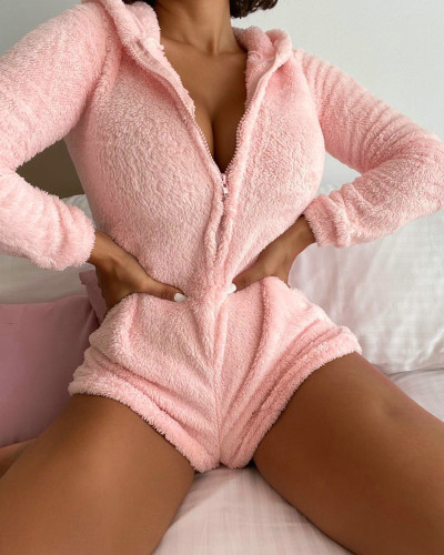 Winter Pink Fleece Zipper Onesie Rompers Pajama
