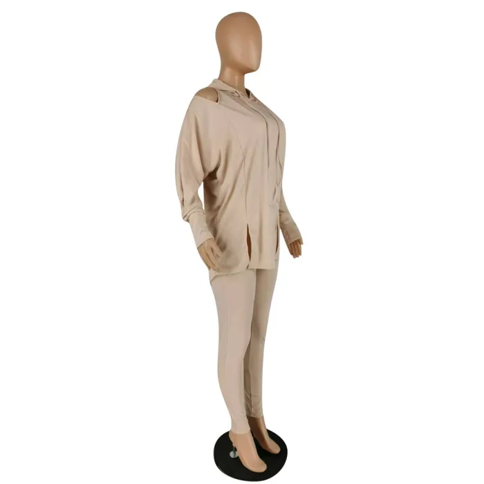 Autumn Solid Plain Cut Out Hoody Shirt and Pants Set