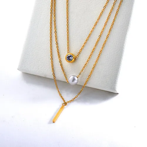 Dainty 18K Gold Bar Charm With Pearl Layered Necklace For Women