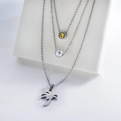 Silver Stainless Steel Coconut Tree With Pearl Layer Necklace Beach Jewelry