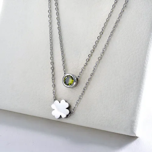Silver Stainless Steel Clover Charm With Zircon Layer Necklace