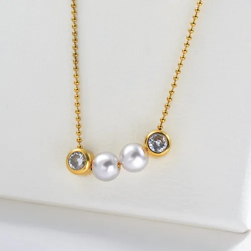 Stainless Steel Beaded Necklace Pearl Clear Zircon Charm Gold Necklace