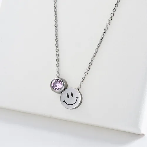 Trendy Silver Smiley Face Charm With Purple Gemstone Zircon Necklace For Women