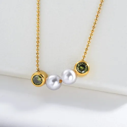 Classic Pearl With Green Zircon Charm Silver Necklace For Spring