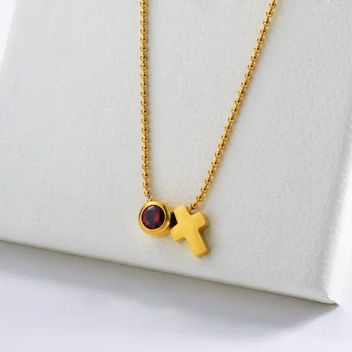 Religious Stainless Steel Gold Cross Charm With Red Zircon Ball Chain Necklace