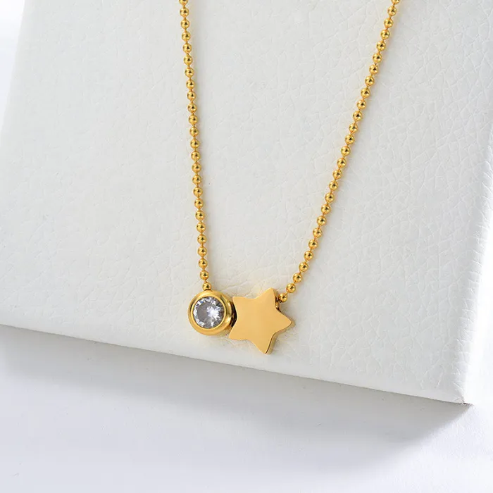 18K Gold Star Charm With Zirconia Necklace For Women