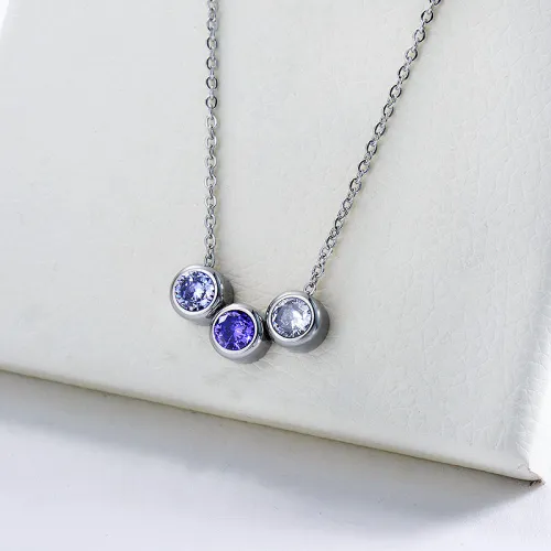 Simple Silver Stainless Steel Colorful Purple Zircon Charm Necklace For Women