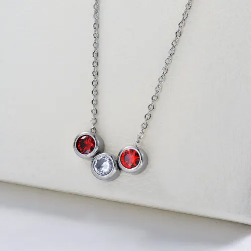 Stainless Steel Silver Red Zirconia Charm Necklace For Women