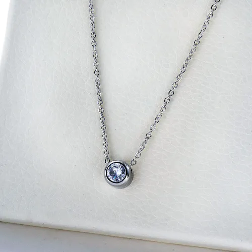 Dainty Silver Stainless Steel Clear Zircon Charm Necklace For Women