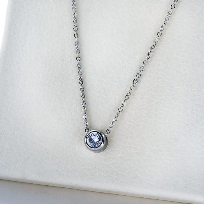 Dainty Silver Stainless Steel Clear Zircon Charm Necklace For Women