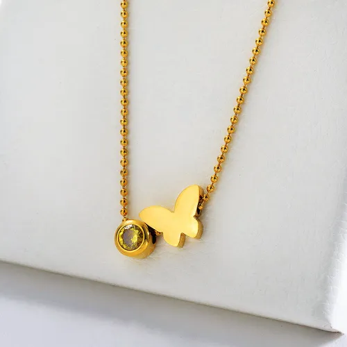 New Design Gold Butterfly With Yellow Zircon Charm Bead Chain Necklace For Women