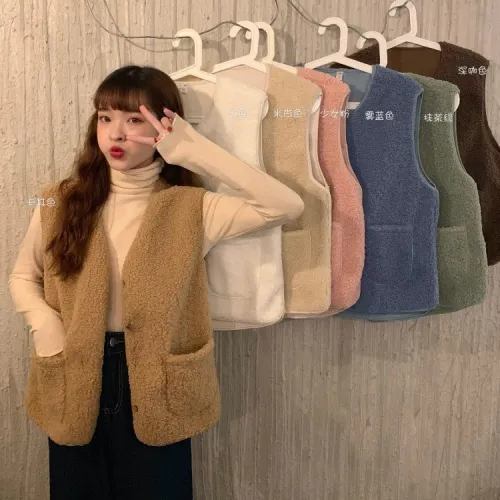 2020秋冬新款ins韩版洋气宽松羊羔毛马甲+高领百搭打底衫两件套女