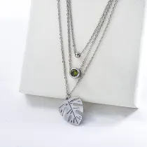 Silver Stainless Steel Monstera Charm Layered Necklace For Women