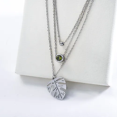 Silver Stainless Steel Monstera Charm Layered Necklace For Women