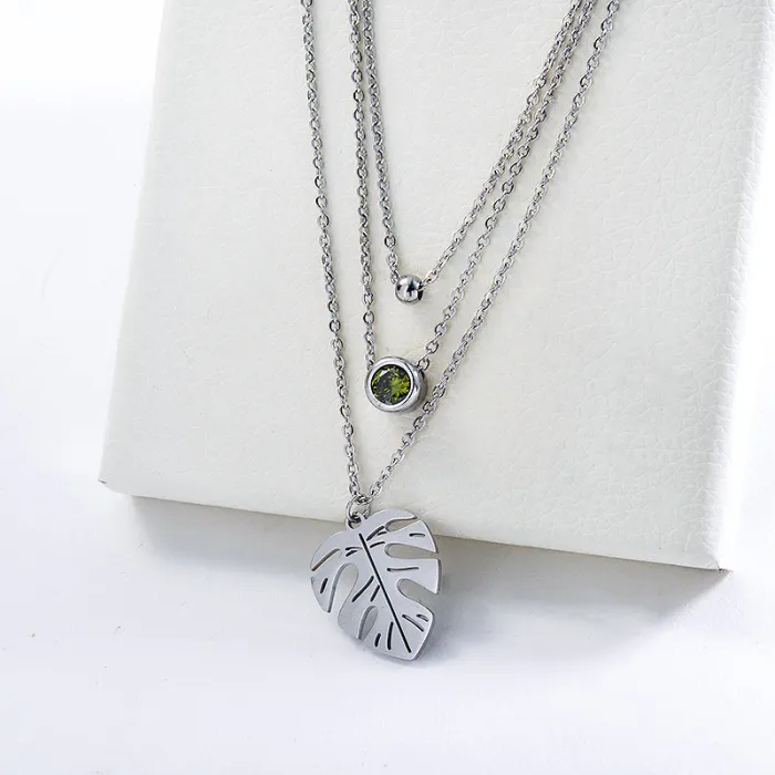 Silver Stainless Steel Monstera Charm Layered Necklace For Women