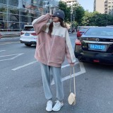 实拍宽松学院风拼色加厚羊羔毛拉链保暖外套+加绒卫裤两件套28309