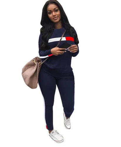 Autumn Casual Stripes O-Neck Shirt and Pants Set