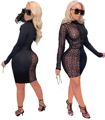 Autumn Party Black Sexy Patchwork Print Bodycon Dress