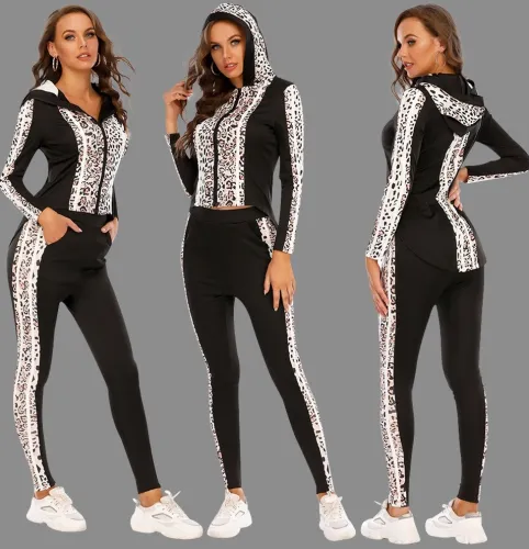 Autumn Leopard Print Black Hoody Tracksuit