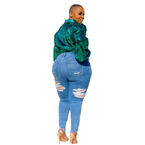 Plus Size Blue High Waist Ripped Damaged Jeans