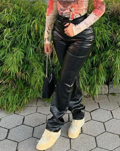 Winter Snake Skin Leather High Waist Pants