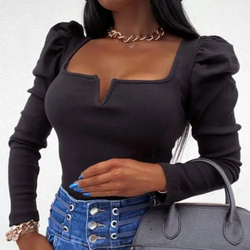 Autumn Black Puff Sleeves Square Basic Top
