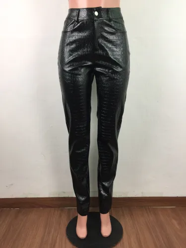 Winter Snake Skin Leather High Waist Pants