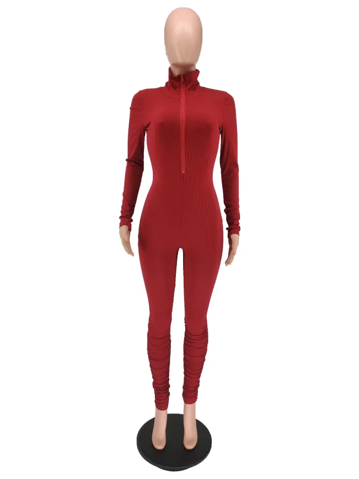 Autumn Sports Fitness Turtleneck Plain Stacked Jumpsuit
