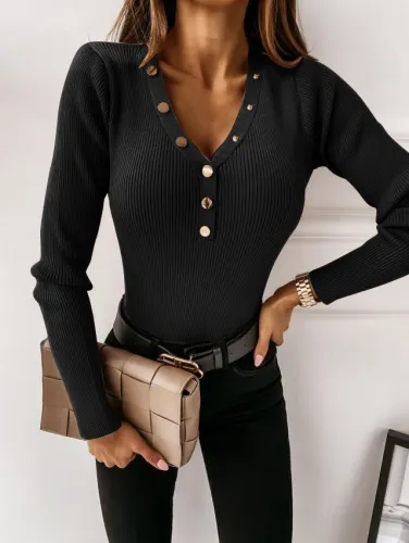 Autumn V-Neck Buttoned Knitting Basic Top