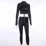 Autumn Black Sports Fitness Crop Top and Pants Set