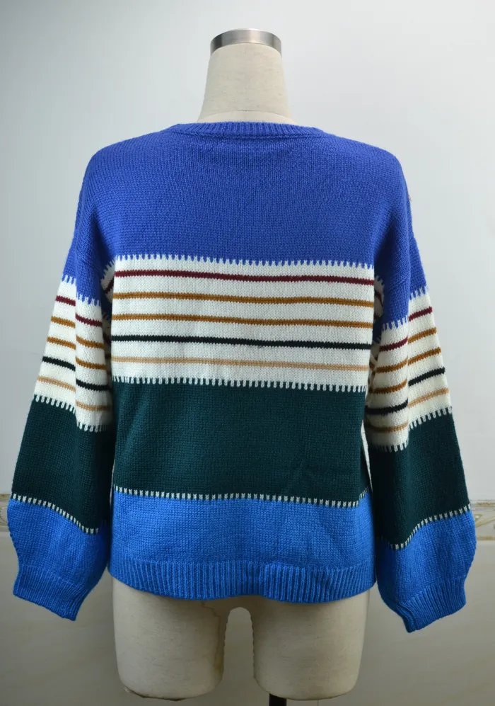 Winter Colorful Contrast Stripes Round Neck Pullover Sweater