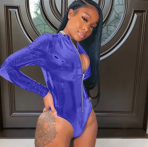 Winter Party Sexy Zip Up Long Sleeve Leather Bodysuit