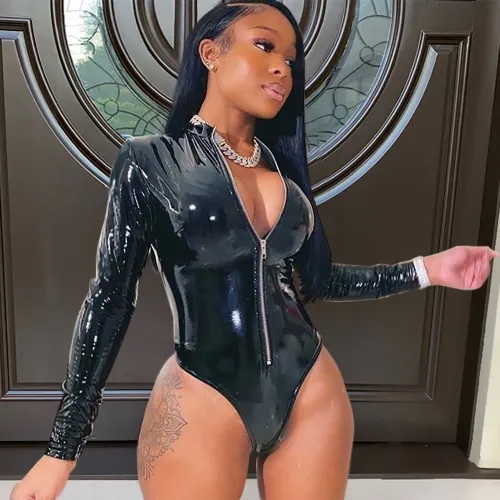 Winter Party Sexy Zip Up Long Sleeve Leather Bodysuit
