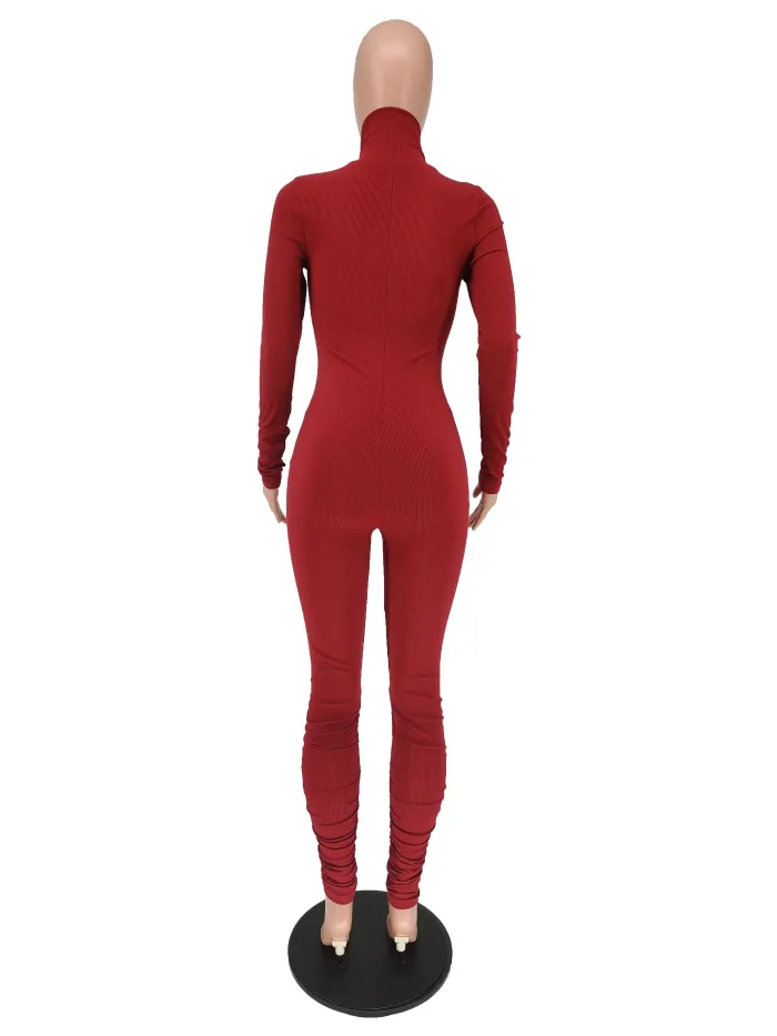 Autumn Sports Fitness Turtleneck Plain Stacked Jumpsuit
