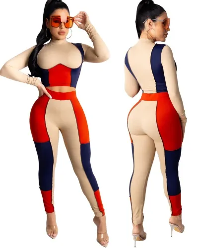 Autumn Sexy Two Piece Contrast Bodycon Crop Top and Pants Set