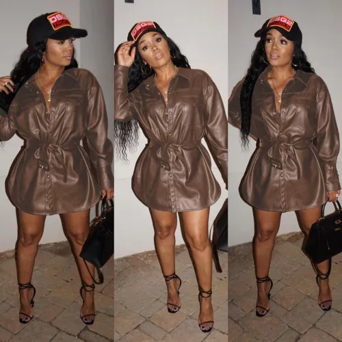 Winter Button Up Leather Shirt Dress with Belt