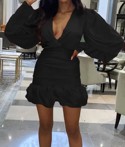 Autumn Party Sexy Deep-V Puff Sleeve Mermaid Mini Dress