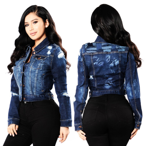 Autumn Blue Washed Button Up Short Ripped Denim Jacket