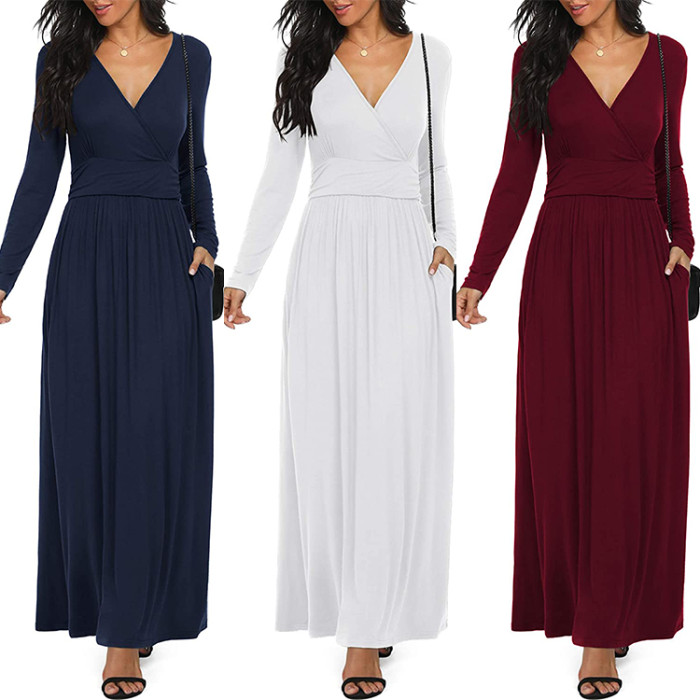 Women Long Sleeve Deep V Neck Loose Plain Long Maxi Casual Dress with Pockets