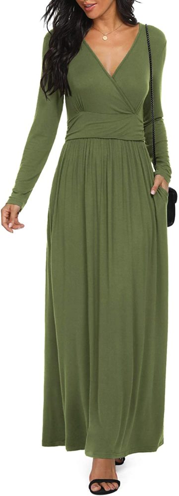 Women Long Sleeve Deep V Neck Loose Plain Long Maxi Casual Dress with Pockets