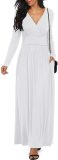 Women Long Sleeve Deep V Neck Loose Plain Long Maxi Casual Dress with Pockets