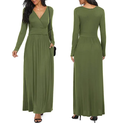 Women Long Sleeve Deep V Neck Loose Plain Long Maxi Casual Dress with Pockets