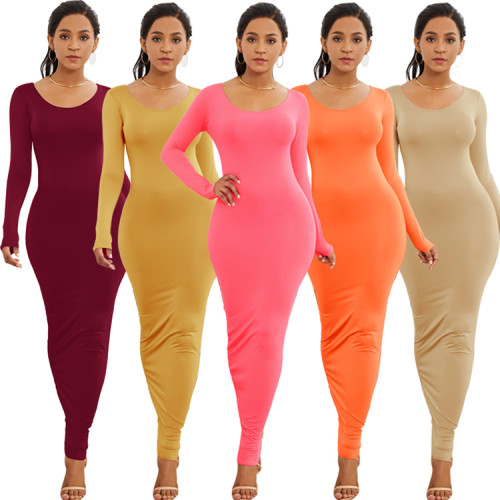 Women long sleeve Round Neck dresses sweater maxi Solid color sexy bodycon club dress